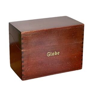Small Vintage Wood Box Hinged Lid Marked “Globe” Office Desk Organizer